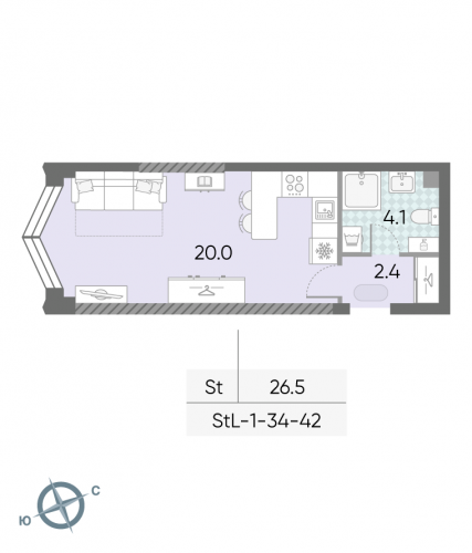 Студия, 26.5 м²