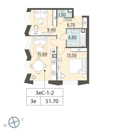 2-комнатная, квартира, 51.7 м²