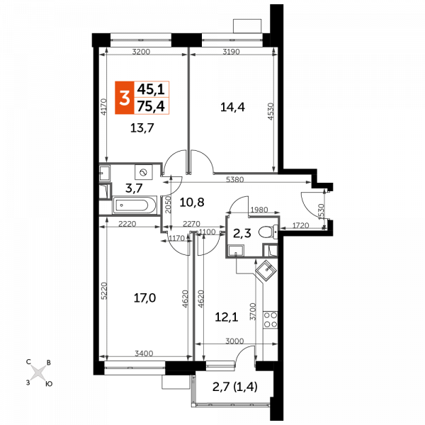3 комнаты до 75.4