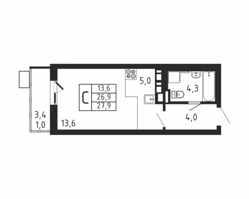 Студия, 27.9 м²