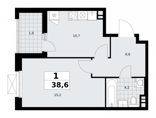 1-комнатная, 38.6 м²