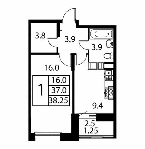 1-комнатная, квартира, 38.25 м²