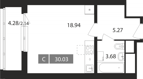 Студия, 30.03 м²