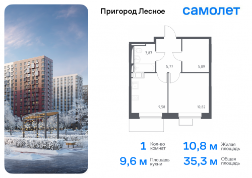1-комнатная, 35.3 м²