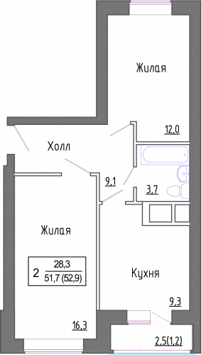 2-комнатная, 51.3 м²