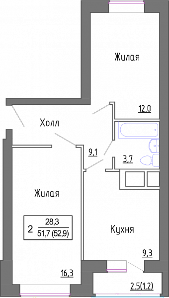 2 комнаты до 51.3
