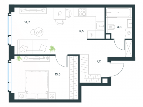 2-комнатная, 43.9 м²