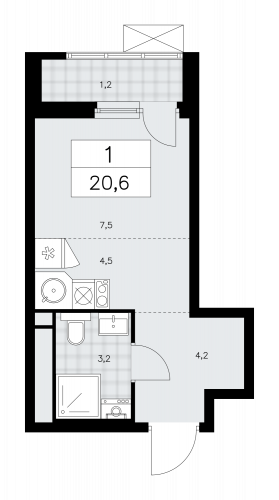 1-комнатная, 20.6 м²