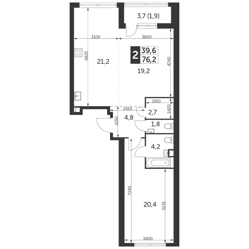 2-комнатная, квартира, 76.2 м²