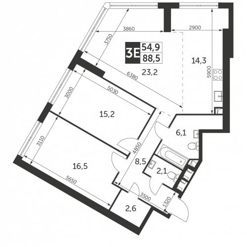 3-комнатная, квартира, 88.5 м²