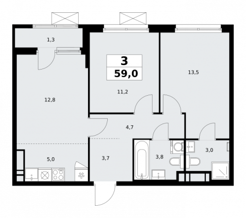 3-комнатная, 59 м²