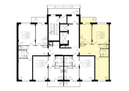2-комнатная, квартира, 57.4 м²