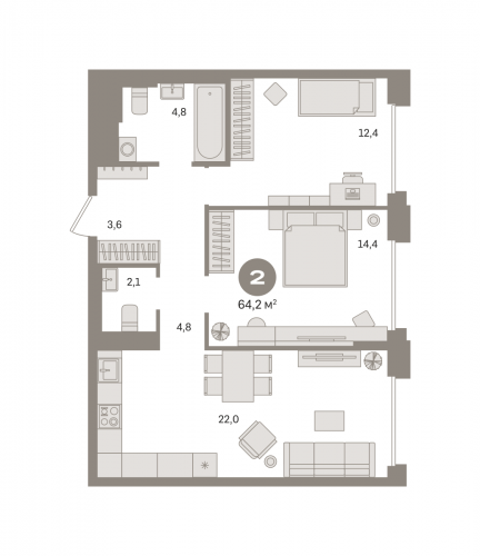 2-комнатная, квартира, 64.15 м²