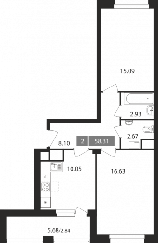 2-комнатная, квартира, 58.31 м²