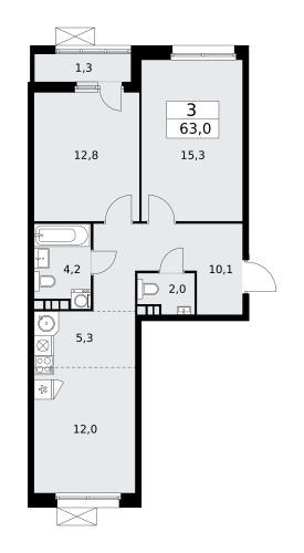 3-комнатная, 63 м²
