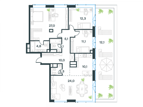 Многокомнатная, 120.7 м²