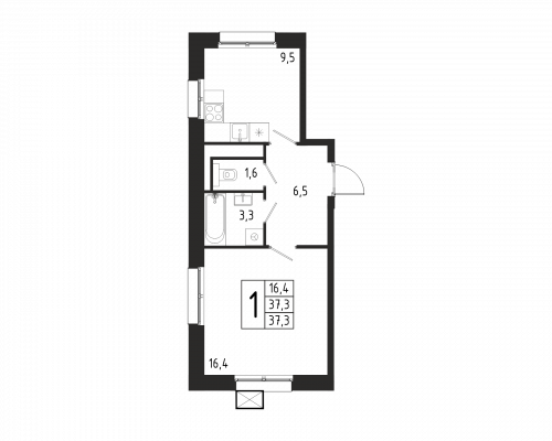 1-комнатная, квартира, 37.3 м²