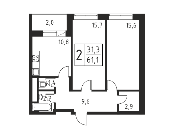 2 комнаты до 60.7
