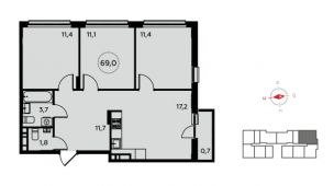 3-комнатная квартира 69 м²