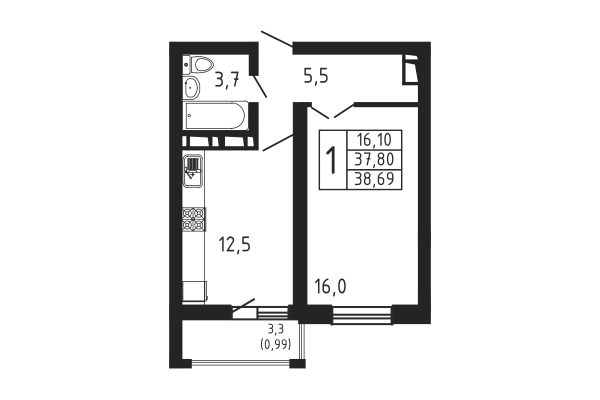 1-комнатная, квартира, 38.69 м²
