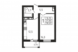 1-комнатная квартира 38,69 м²