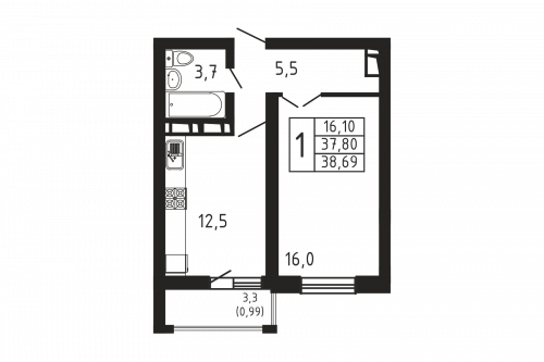 1-комнатная, квартира, 38.69 м²