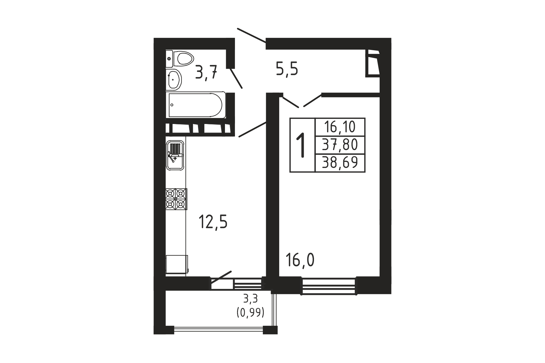 1-комнатная квартира №117, 38,7 м² за 7,31 млн руб. в ЖК «Море Море» - планировка