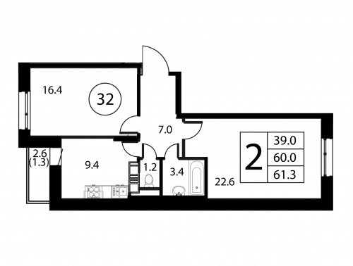 2-комнатная, квартира, 61.3 м²