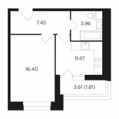 1-комнатная квартира 39,09 м²