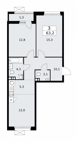 3 комнаты до 63.2