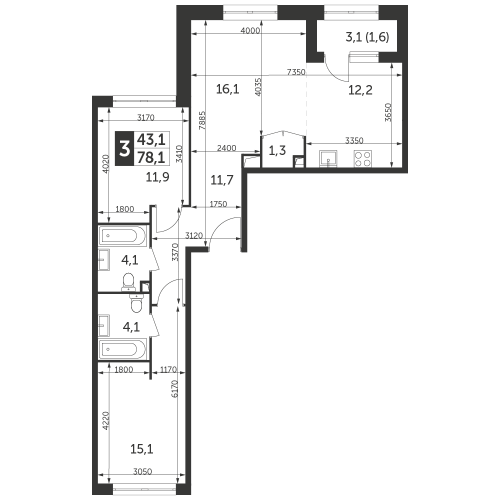 3-комнатная, квартира, 78.1 м²