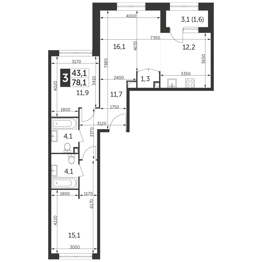 3-комнатная квартира №198, 78,1 м² за 36,93 млн руб. в ЖК «Режиссер» - планировка