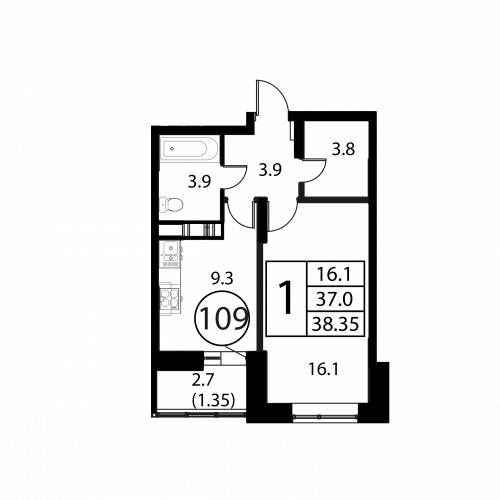 1-комнатная, квартира, 38.35 м²