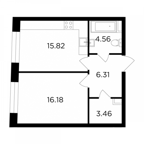 1-комнатная, 46.33 м²
