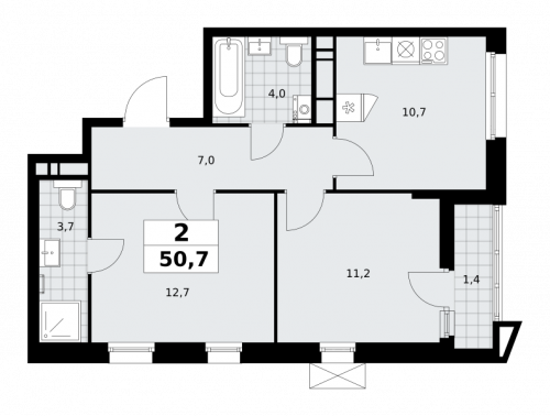 2-комнатная, 50.7 м²