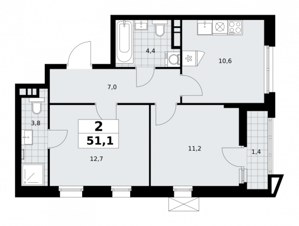 2 комнаты до 51.1