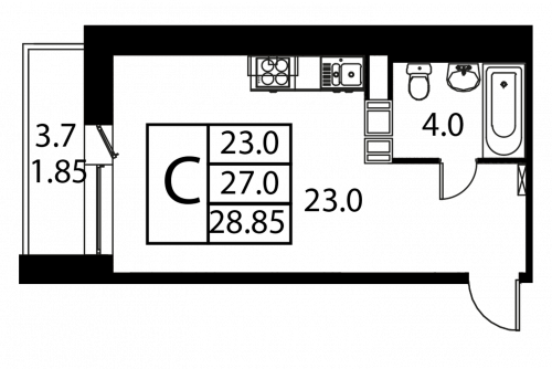 Студия, 28.85 м²