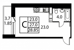 1-комнатная квартира 28,85 м²