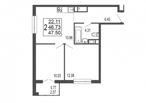 2-комнатная, квартира, 48.58 м²