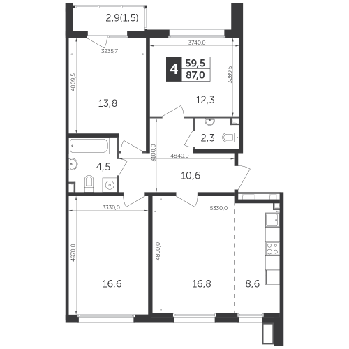 Многокомнатная, квартира, 86.6 м²