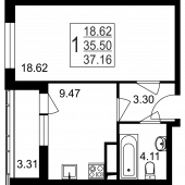1-комнатная квартира 37,16 м²