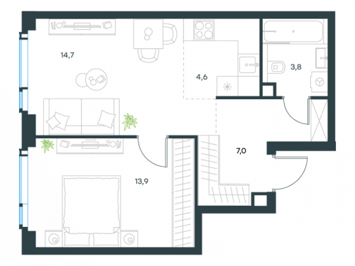 2-комнатная, 44 м²