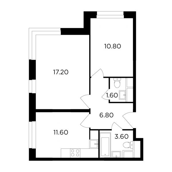 2-комнатная квартира №175, 51,6 м² за 10,06 млн руб. в ЖК «Одинград»: квартал «Семейный» - планировка