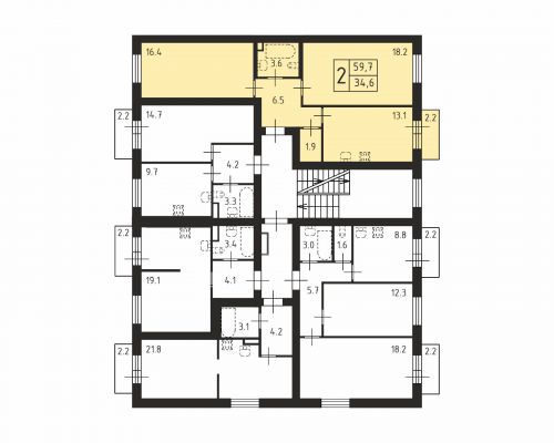 2-комнатная, квартира, 59.7 м²