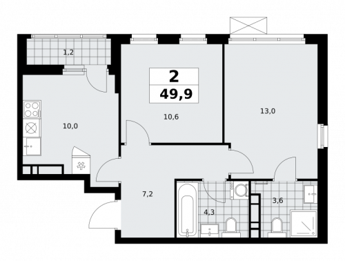 2-комнатная, 49.9 м²