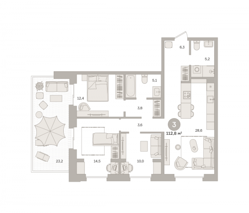 3-комнатная, квартира, 112.82 м²