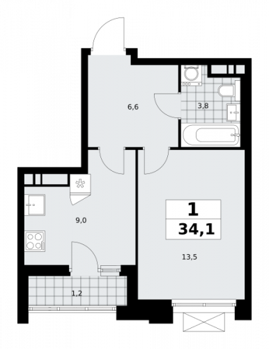 1-комнатная, 34.1 м²
