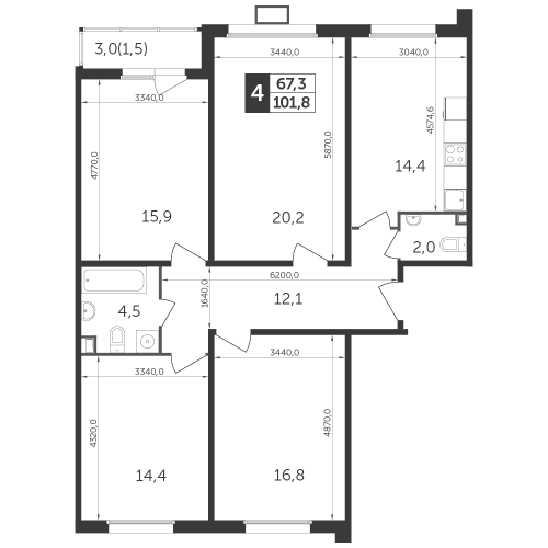 Многокомнатная, квартира, 101.3 м²
