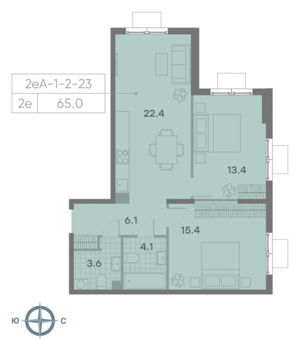 2-комнатная, квартира, 65 м²
