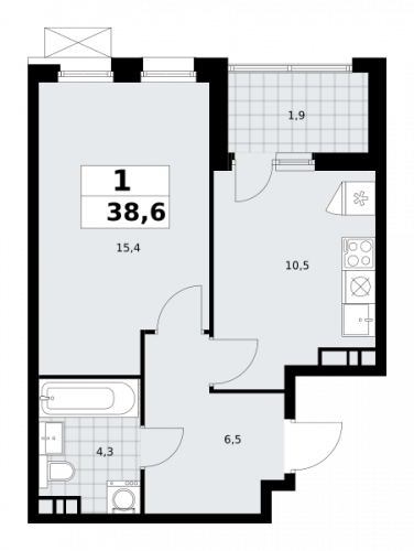 1-комнатная, 38.6 м²